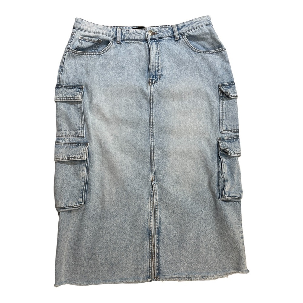 Broadway 38 Denim Light Wash Cargo Midi Front Slit Blue Denim Skirt Size 14